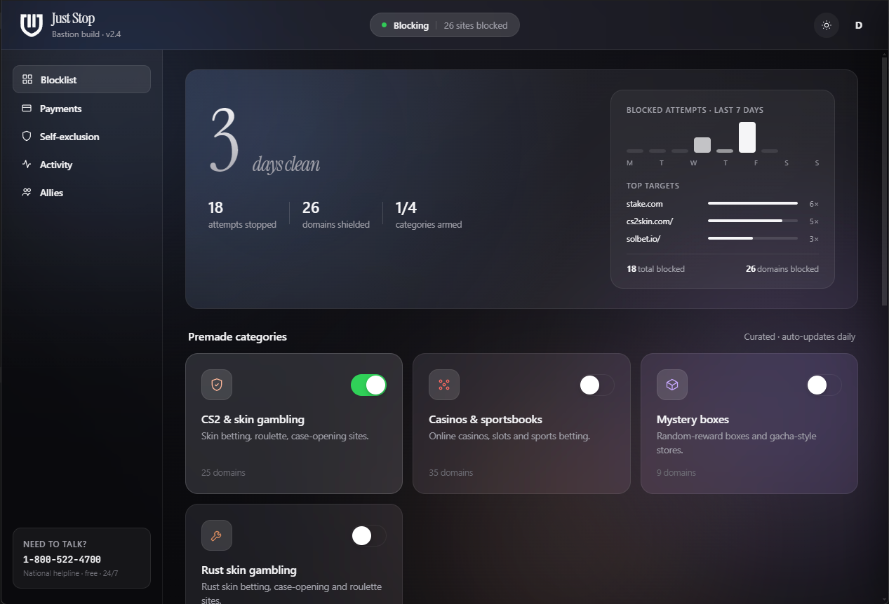 The Just Stop app dashboard