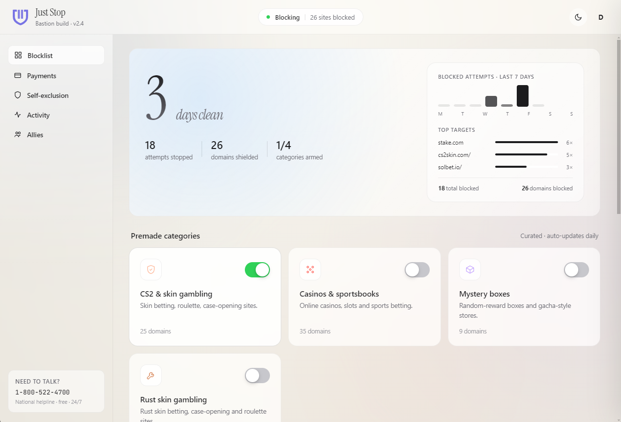 The Just Stop app dashboard